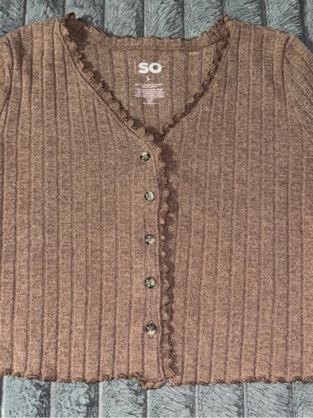SO Taupe Ribbed Scallop-Edge Button Cardigan